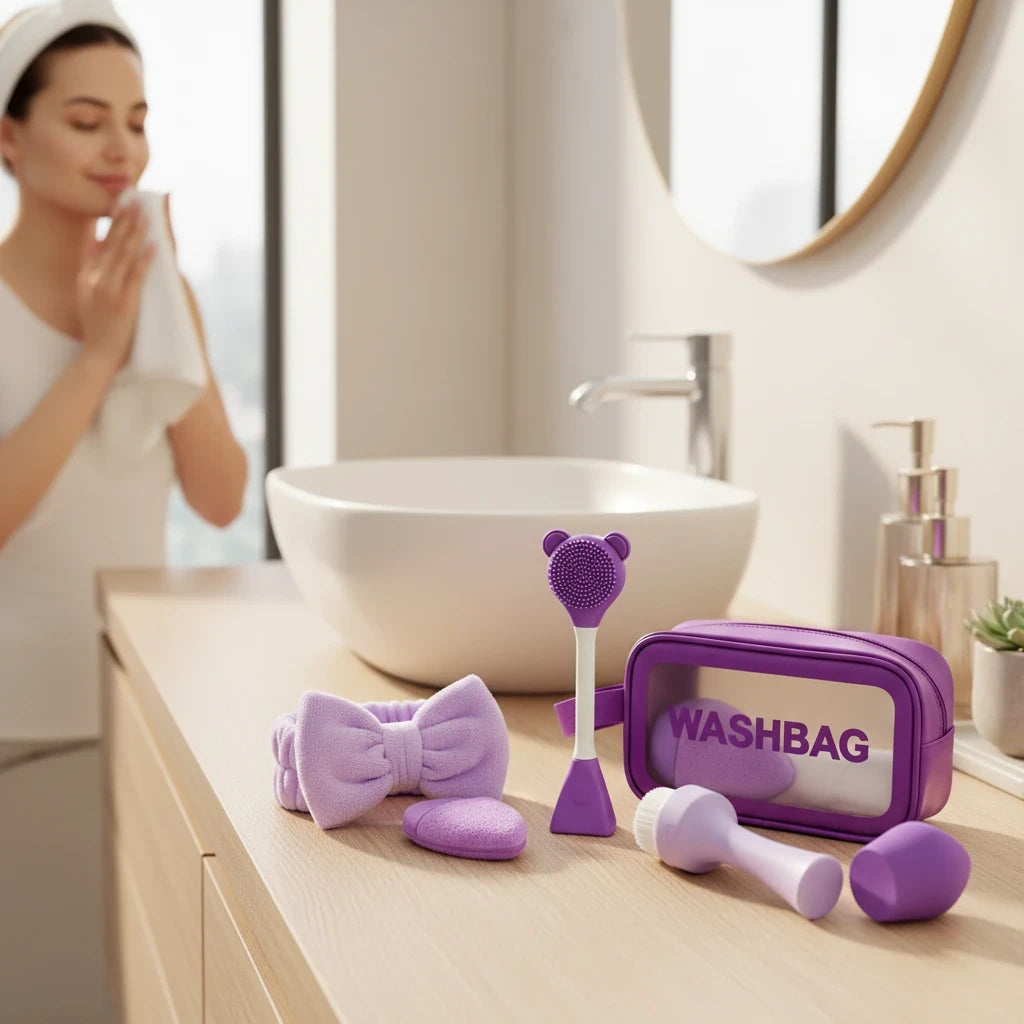 Giftplug 6-piece purple skincare set with bow headband, silicone facial brushes, and transparent travel washbag
