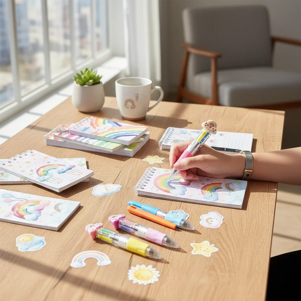 Giftplug rainbow stationery set with pastel notebooks, multi-color pens, and stickers on a wooden desk by a window.