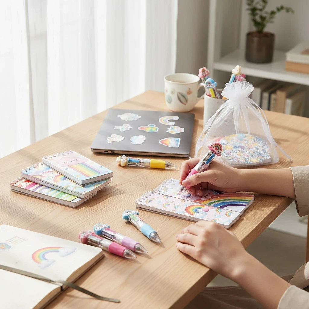 Giftplug rainbow stationery set with pastel notebooks and multi-color pens on a wooden desk with a person writing