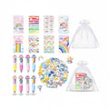 Giftplug rainbow stationery set featuring pastel mini notebooks, multi-color pens, and stickers in organza gift bags.
