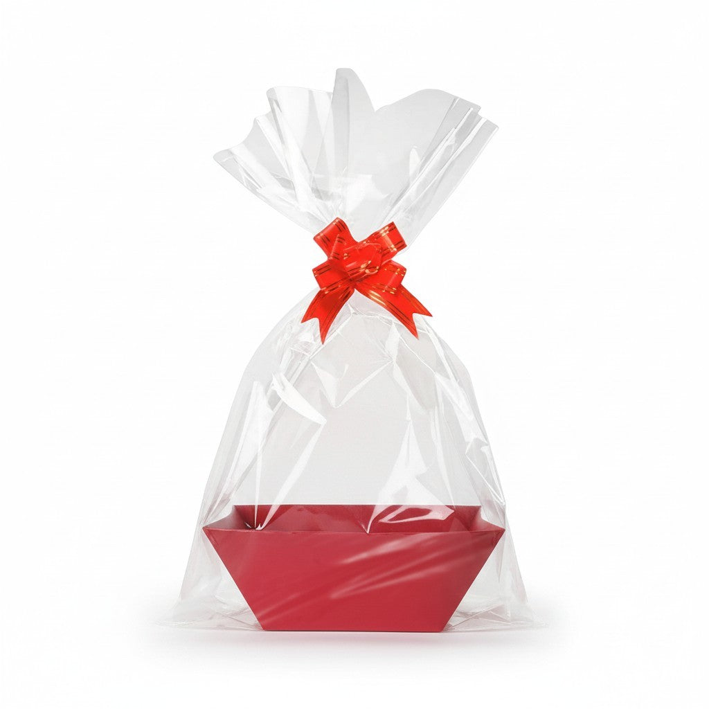 Giftplug red decorative gift basket with clear cellophane wrapping and a festive red bow on a white background