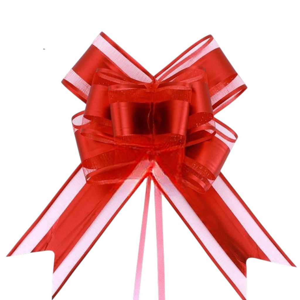 Giftplug red pull bow with white edges for gift wrapping, made from glossy ribbon for birthdays and holidays.