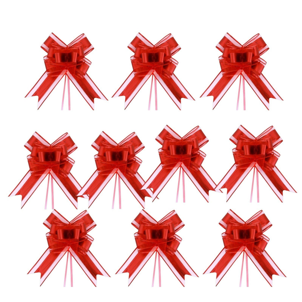 Giftplug set of 10 glossy red pull bows with white edges for elegant gift wrapping and festive decorations