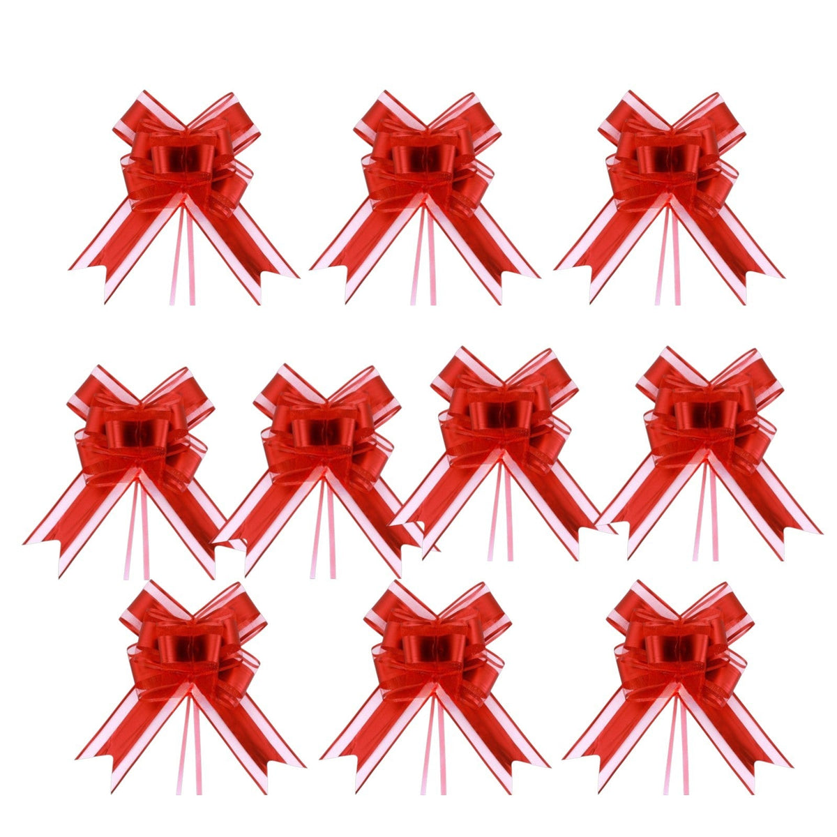 Giftplug set of 10 glossy red pull bows with white edges for elegant gift wrapping and festive decorations