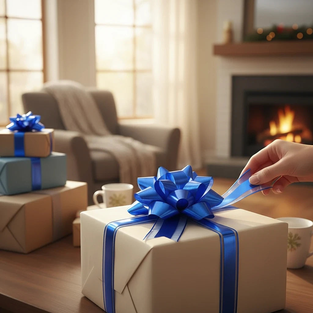 Giftplug royal blue pull bow being assembled on a gift box in a cozy living room setting