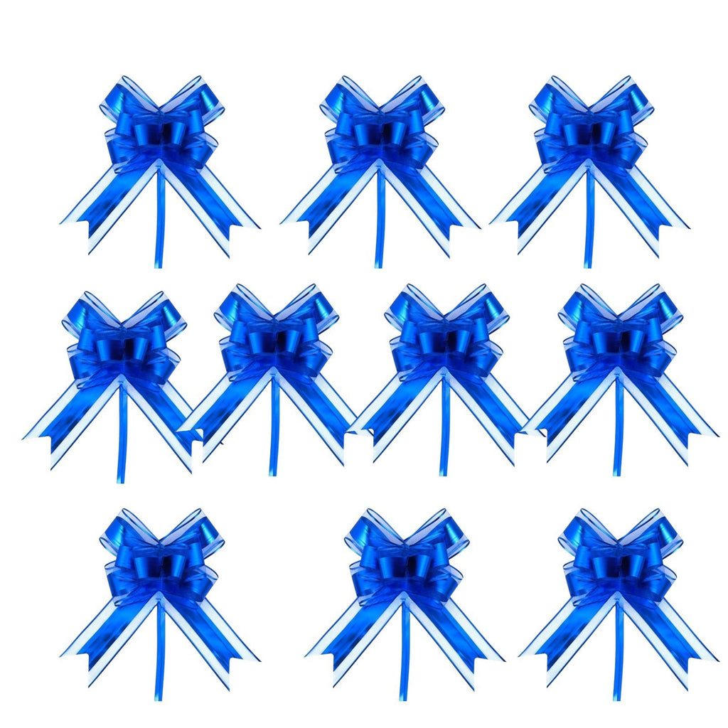 Giftplug royal blue pull bows with a high-shine finish for decorative gift wrapping and event displays.