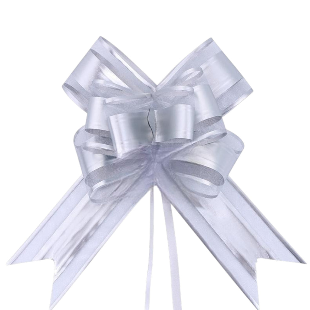 Giftplug silver metallic pull bow for gift wrapping with a shimmering finish and elegant ribbon loops