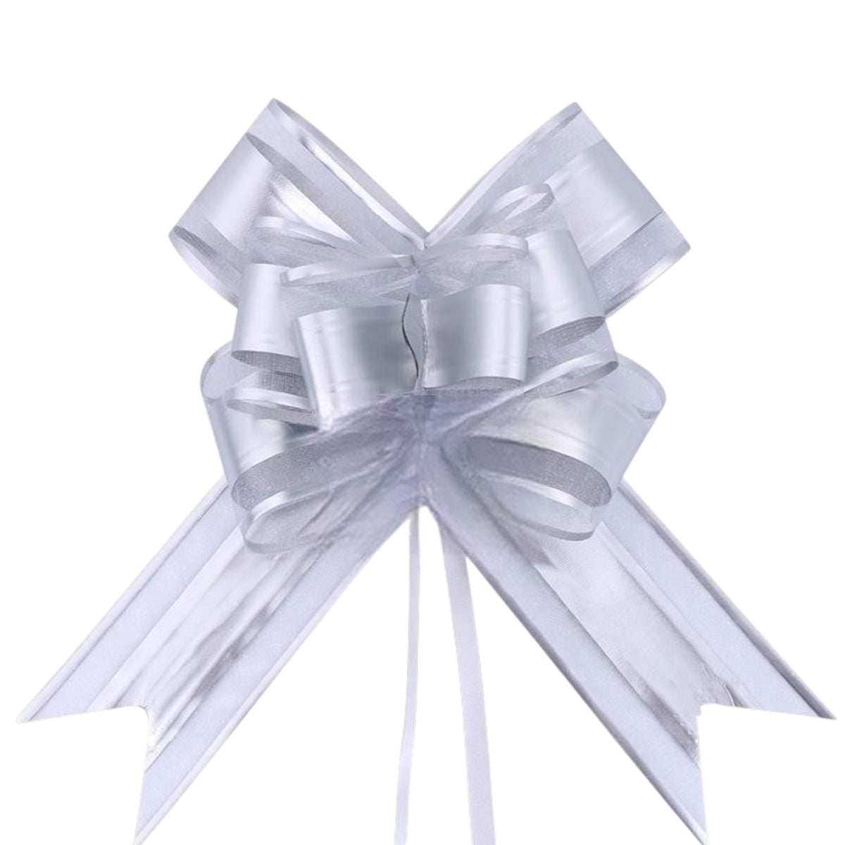 Giftplug silver metallic pull bow for gift wrapping with a shimmering finish and elegant ribbon loops