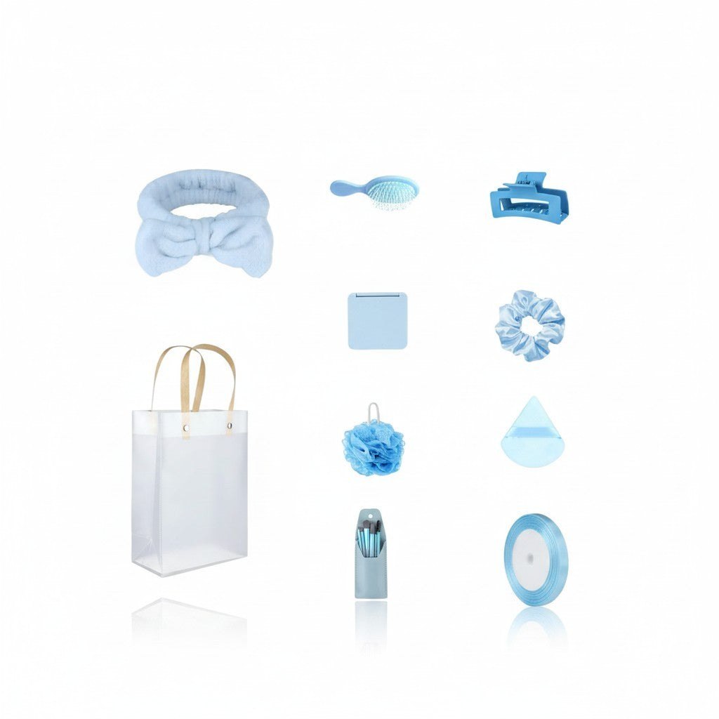 Giftplug 10-piece sky-blue beauty accessory set including a bow headband, hairbrush, claw clip, and transparent tote.