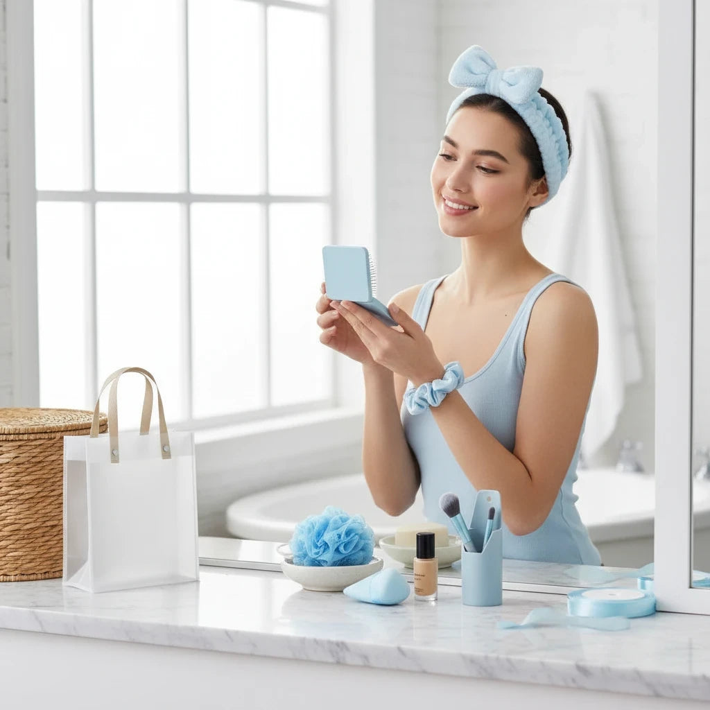 Giftplug 10-piece sky-blue beauty accessory set featuring a bow headband, mirror, and tools in a clear tote bag.