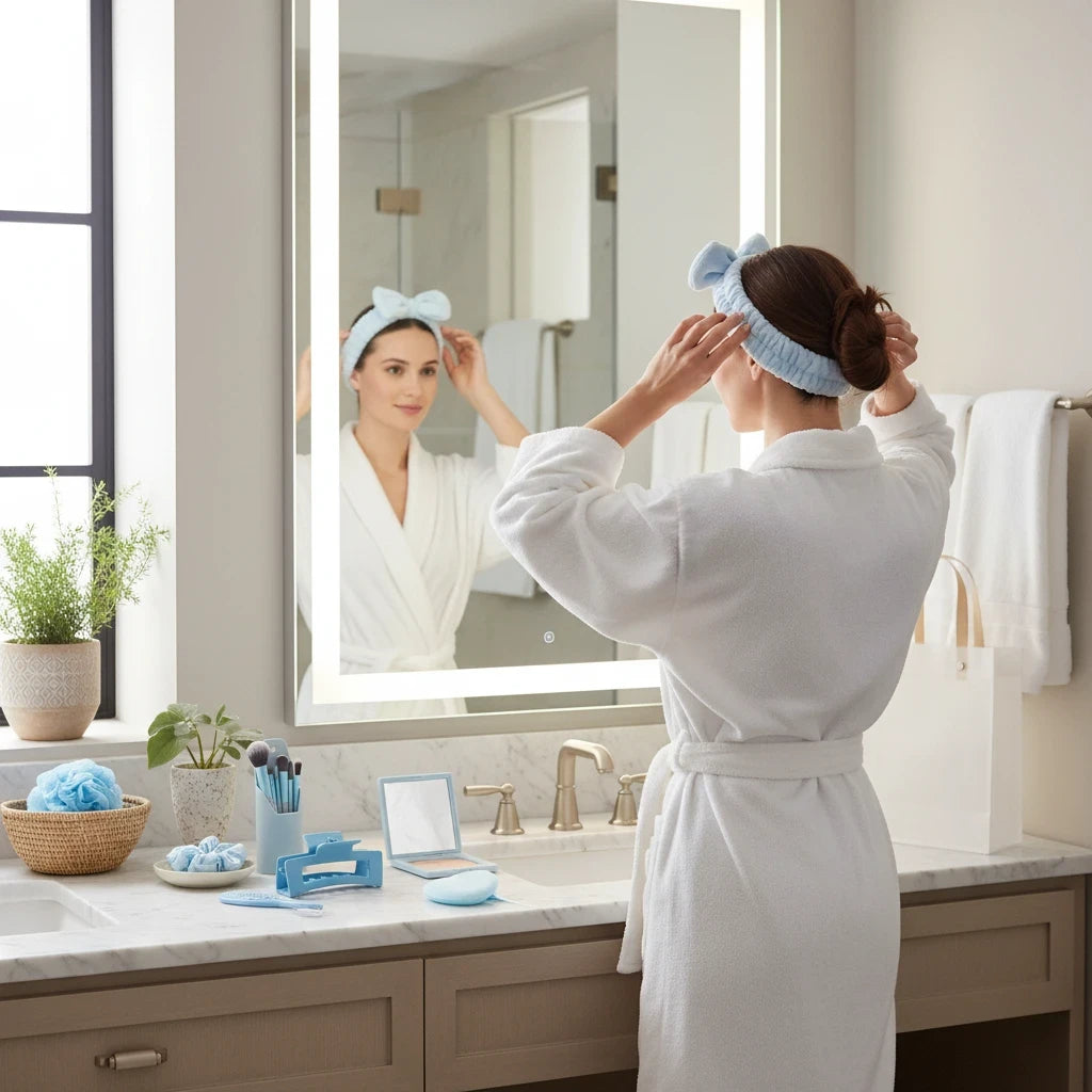 Giftplug sky-blue beauty accessory set featuring a bow headband, mirror, and styling tools on a bathroom vanity.