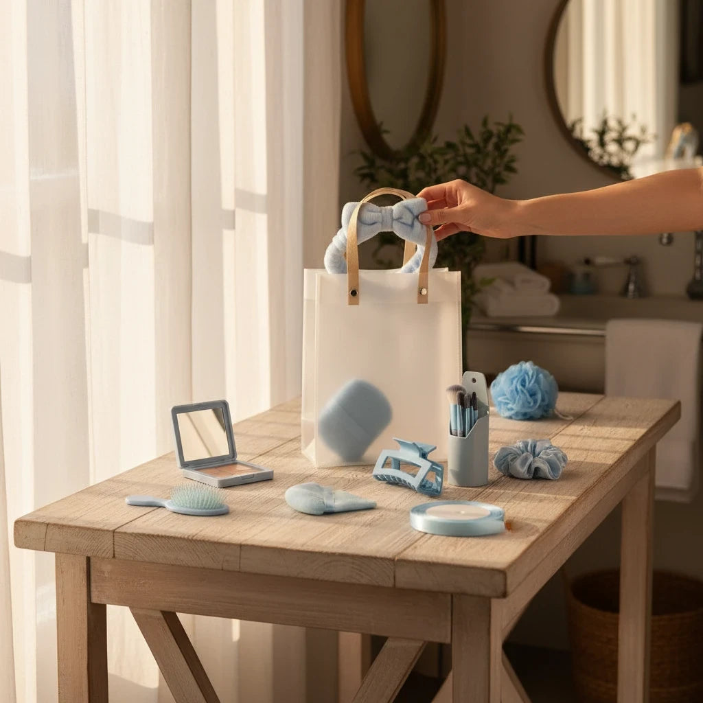 Giftplug 10-piece sky-blue beauty and self-care accessory set in a transparent tote bag on a wooden table.
