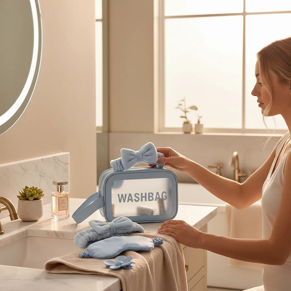 Giftplug 6-piece sky-blue beauty set with wash bag, bow headband, and sleep mask on a bathroom vanity