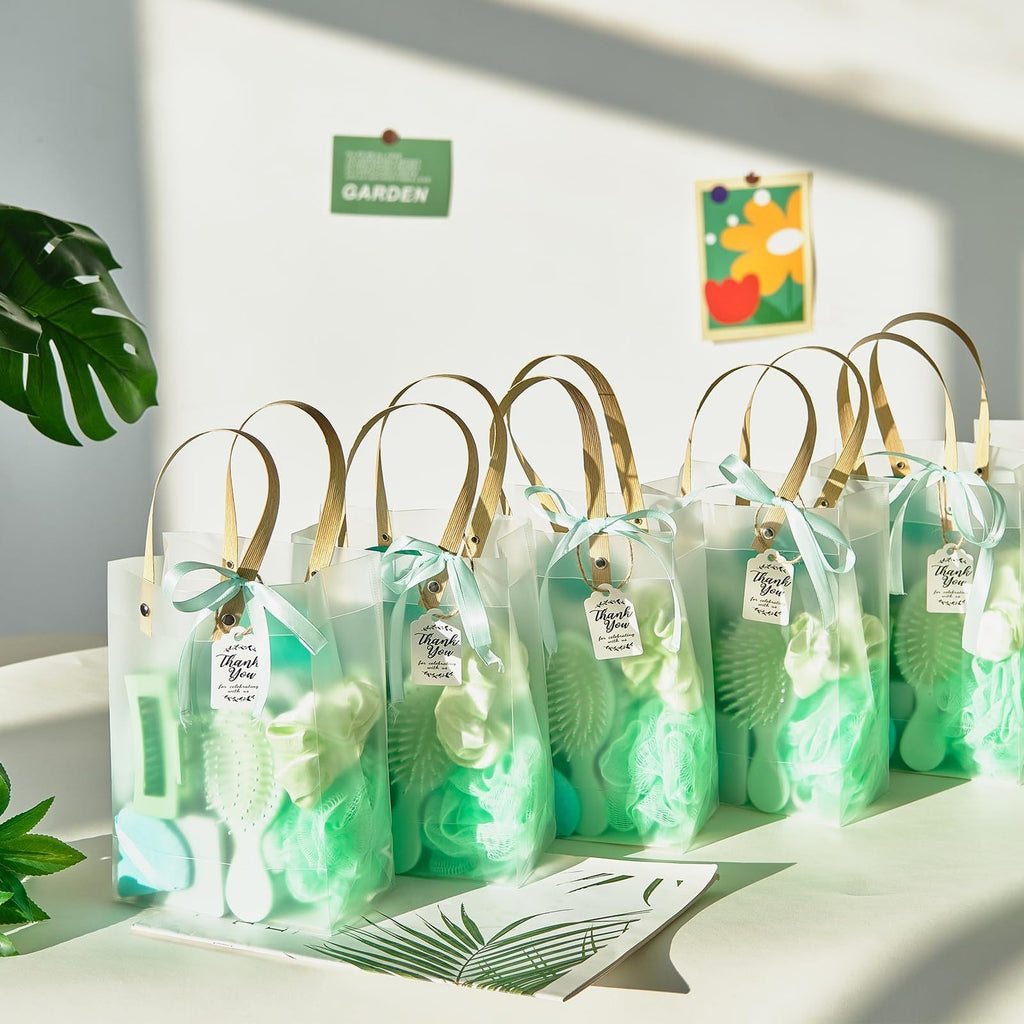 Giftplug 60-piece spa party favor set in mint green with hairbrushes, scrunchies, and thank you tags in gift bags.
