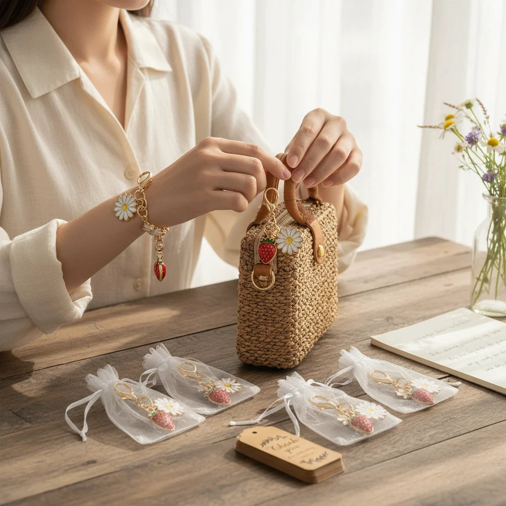 Giftplug strawberry and daisy enamel gold-tone keychains with organza bags and thank you tags on a wooden table