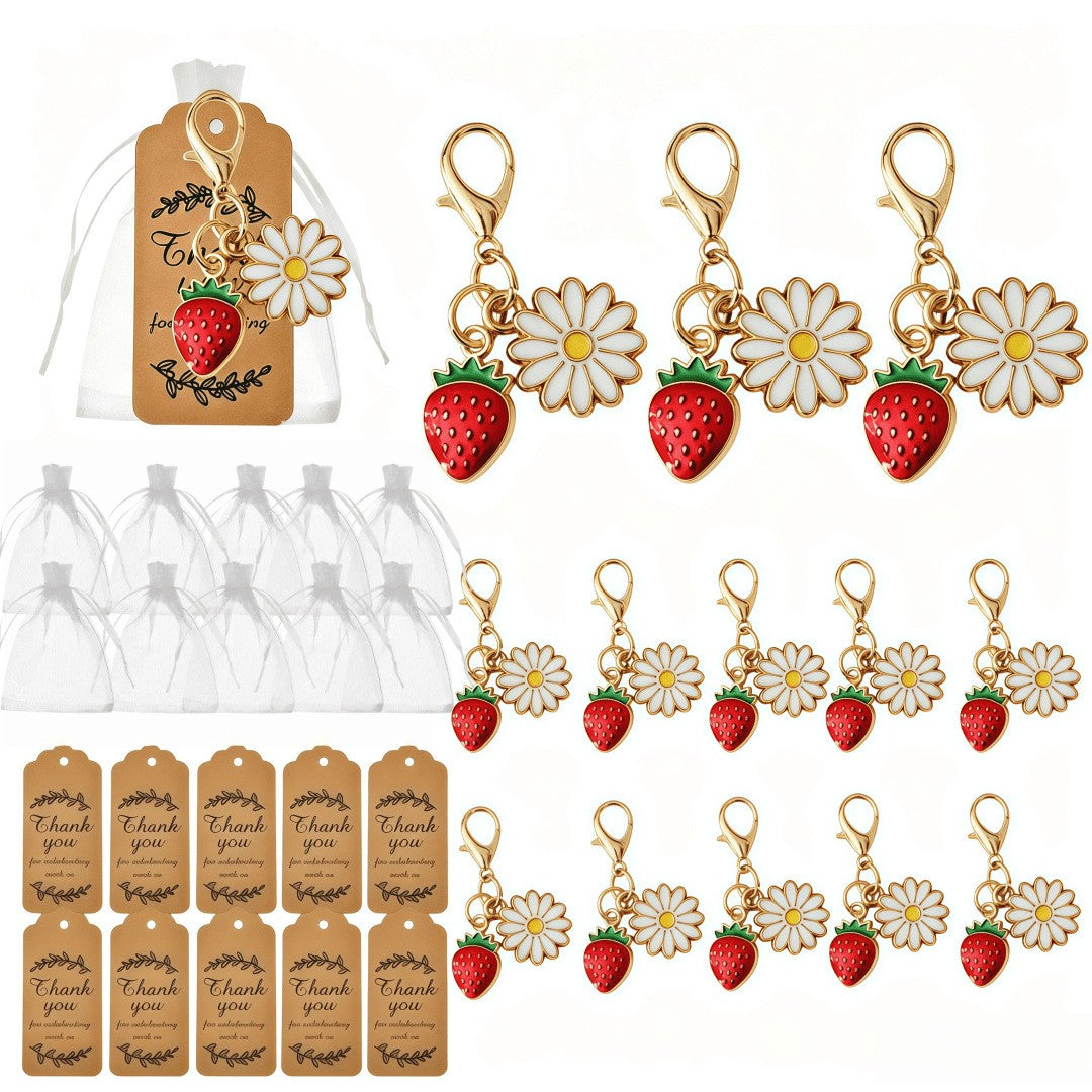 Giftplug strawberry and daisy enamel gold-tone keychains with organza bags and thank you tags for party favors