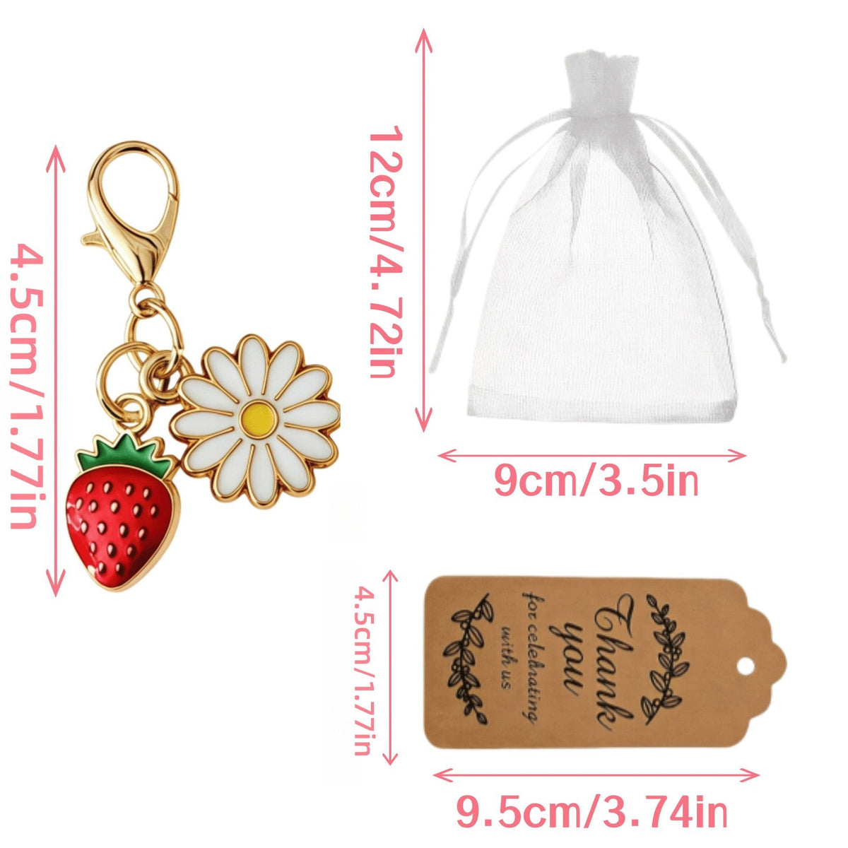 Giftplug strawberry and daisy enamel keychain set with white organza bag and Thank You kraft tag, gold-tone metal.