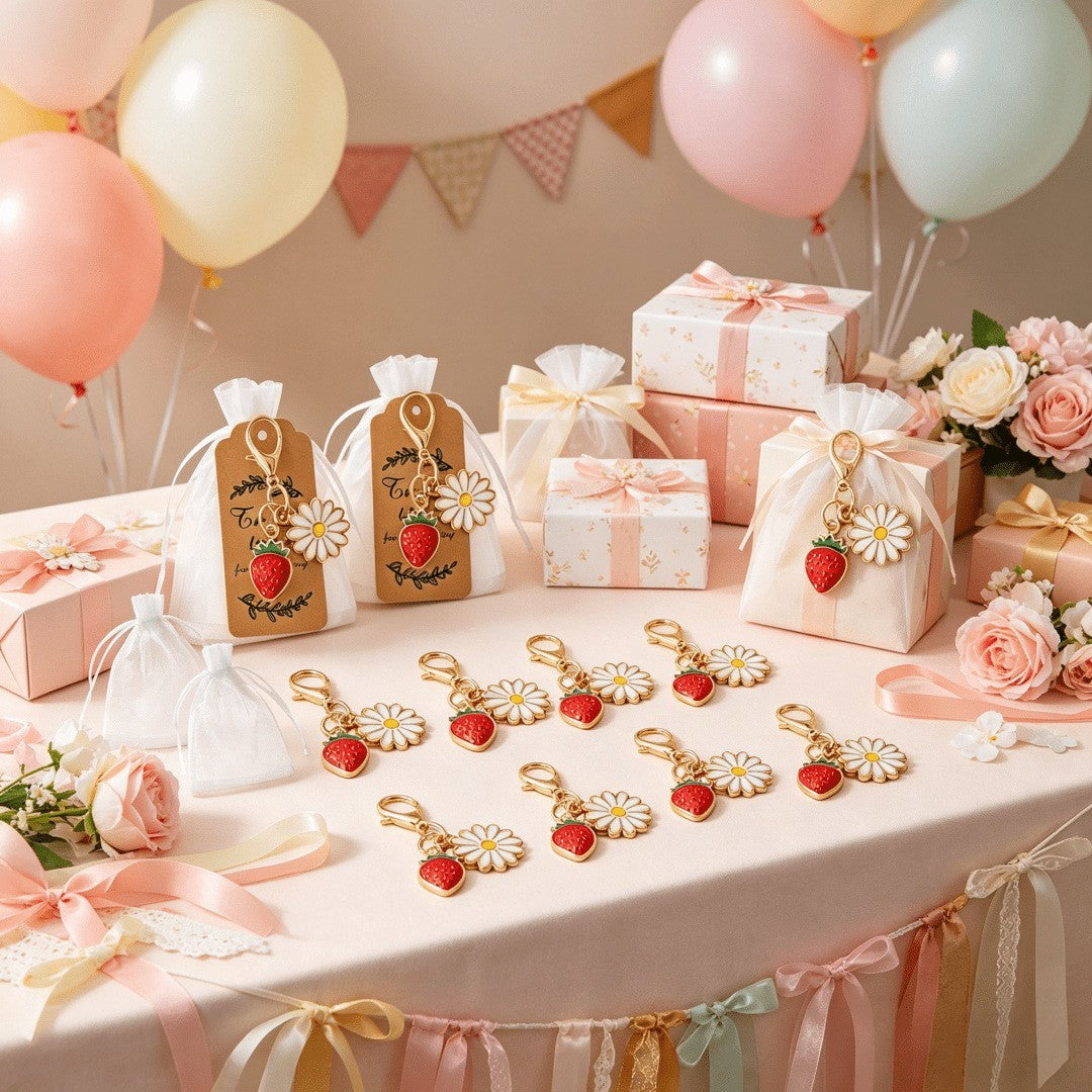 Giftplug strawberry and daisy enamel keychains with organza bags and thank you tags for party favors on a decorated table