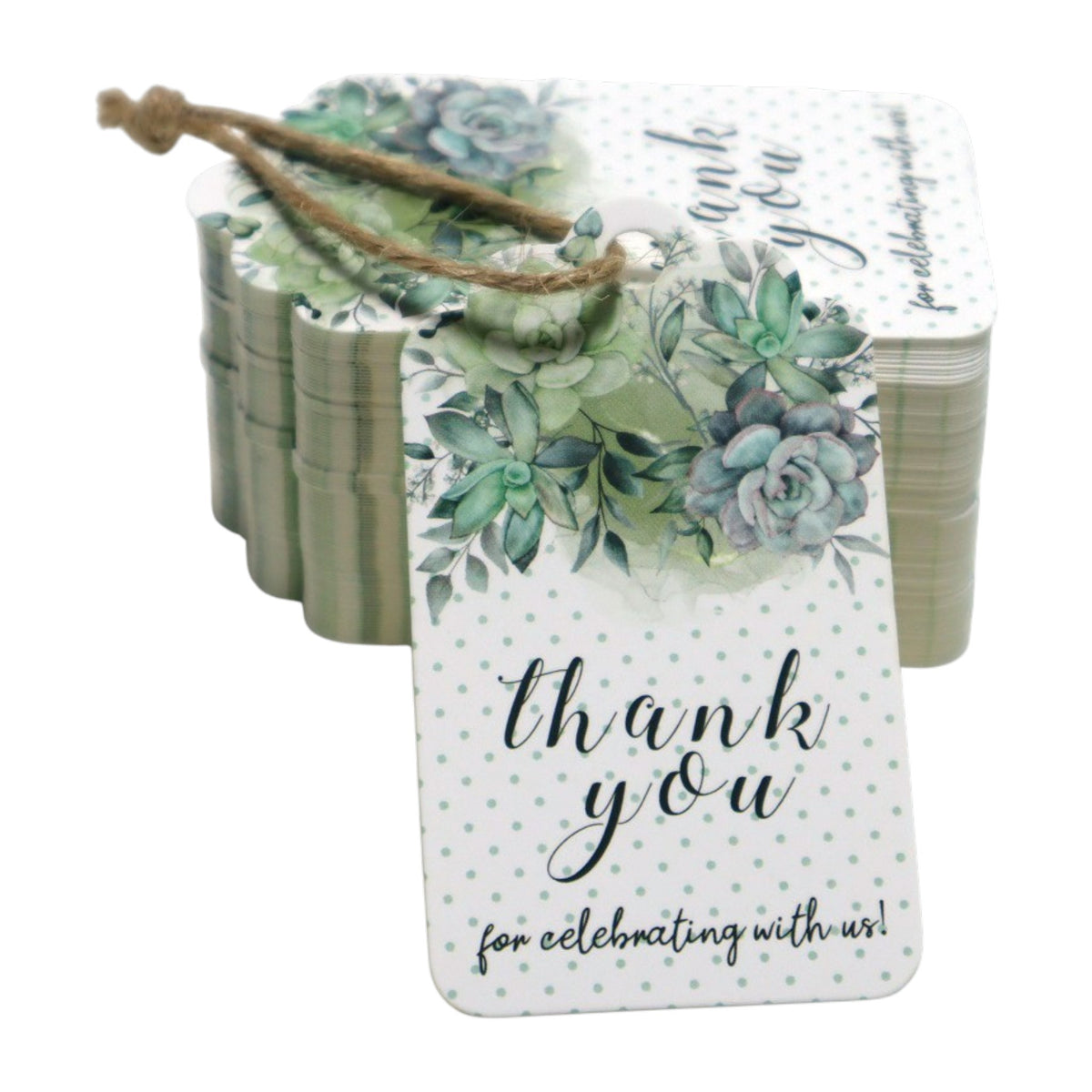 Giftplug succulent thank you favor tags with watercolor botanical illustrations and jute twine on cardstock