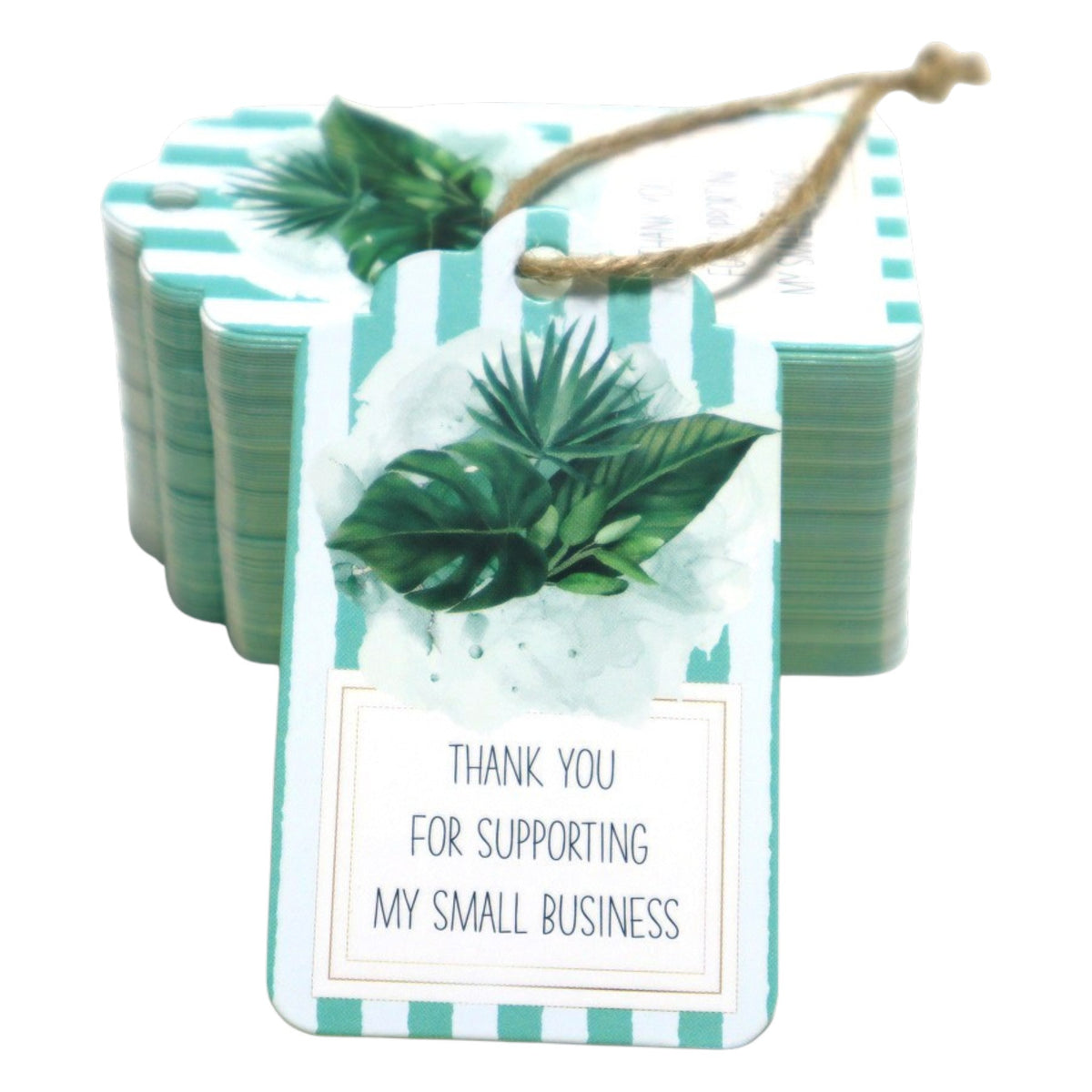 Giftplug thank you tags with teal stripes, watercolor tropical leaves, and jute twine for small business packaging.