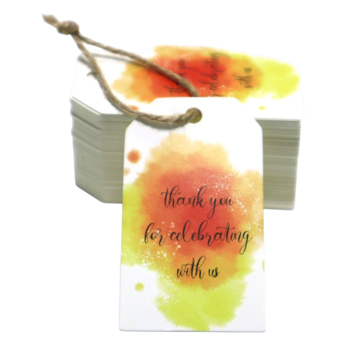 Giftplug thank you gift tags with orange and yellow watercolor splashes and rustic jute twine on white cardstock
