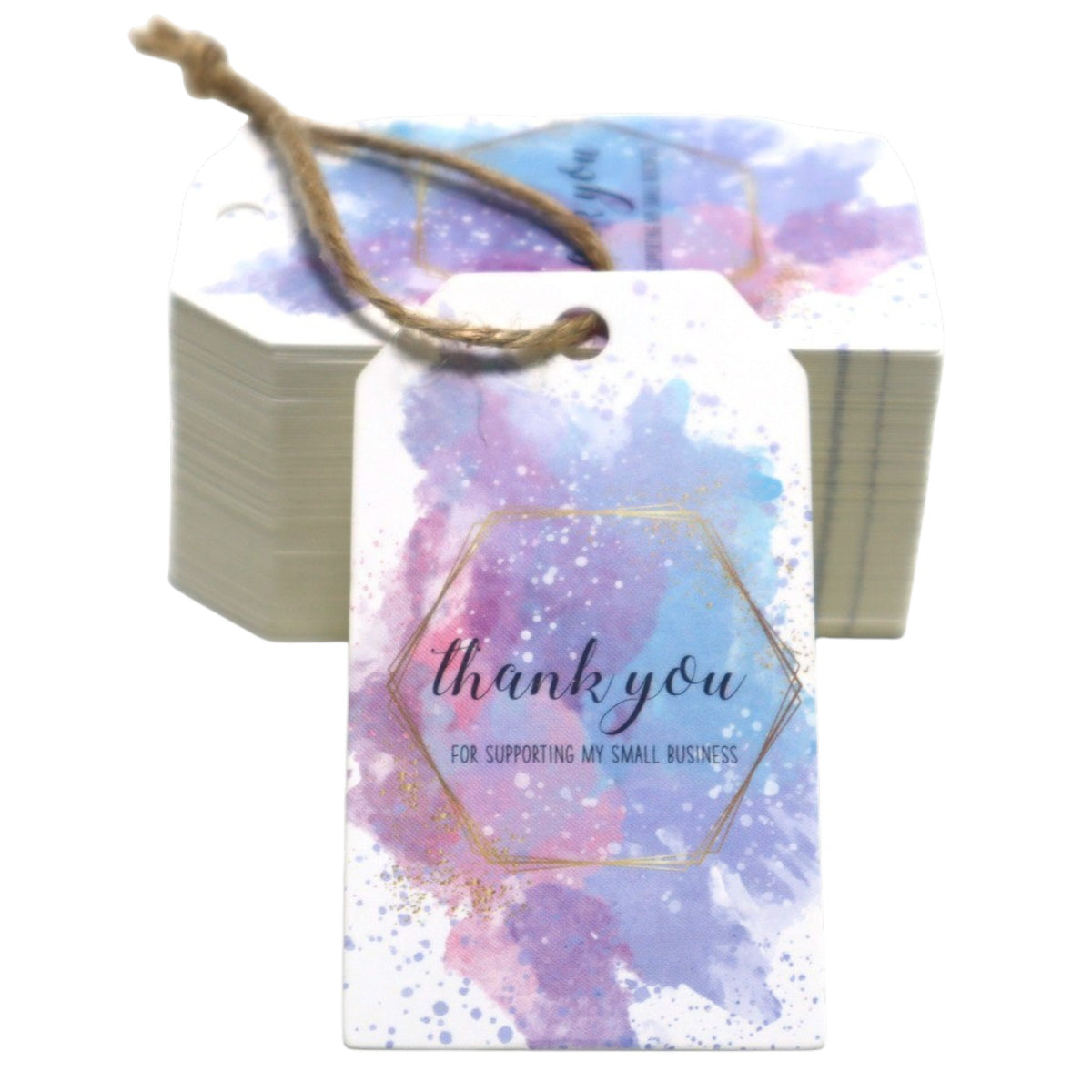Giftplug thank you tags with watercolor blue, purple, and pink design and gold geometric frame with jute twine.