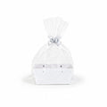 Giftplug white decorative gift basket with clear cellophane wrapping and a decorative silver bow on a white background